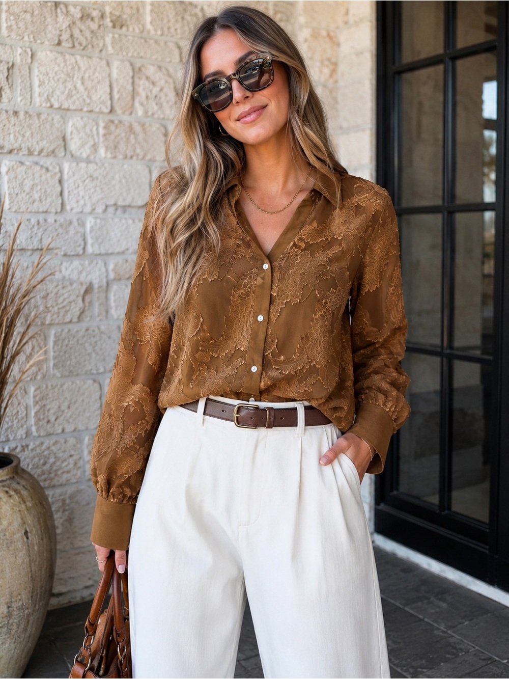 fab'rik Brown Lace-Textured Button Down Shirt